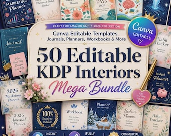 50 Editable KDP Interior Templates, Canva Planner Journal Workbook Bundle (Commercial Use)