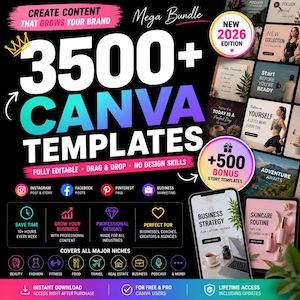 Può includere: Grafica di marketing digitale che promuove un pacchetto di modelli Canva. L'immagine presenta il testo "3500+ Modelli Canva" con testo aggiuntivo che indica che il pacchetto include modelli di storie, è completamente modificabile e offre accesso a vita.