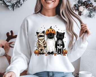 Retro-Halloween-PNG mit schwarzer Katze und Kürbis | Gruselige Katzen-Clipart | Gotischer Sublimations-Download