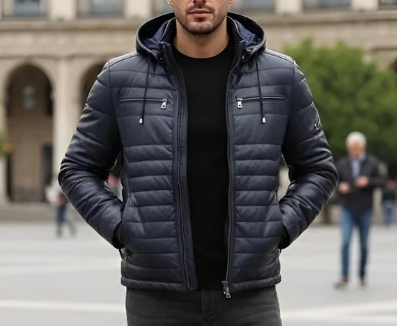 ダークブルー フード付きレザージャケット レザージャケット メンズ 本革 フード付き レザージャケット ショート