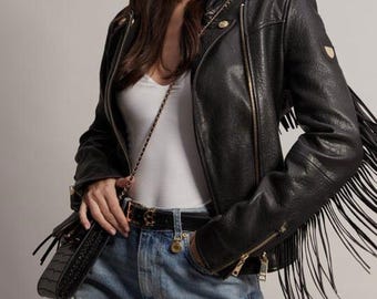Giacca da donna con frange in stile vintage / Giacca da motociclista in vera pelle / Stile boho western fatto a mano.