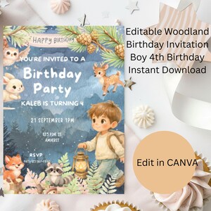 Woodland Birthday Invitation Boy, Forest Animals Birthday Party Invite, 4th Birthday Invitation, Editable  Party Invite, Instant Download