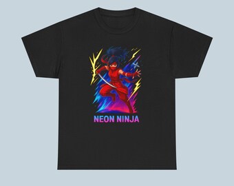 ネオン忍者アニメTシャツレッドライトニングウォリアークールなストリートウェアギフトアニメファンとゲーマーへの贈り物