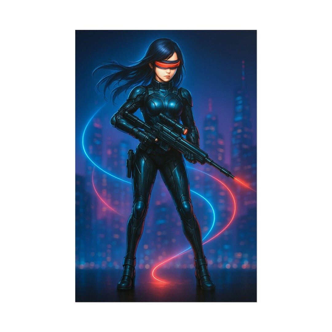 Cyberpunk Anime Girl Poster Neon City Sniper Wall Art Futuristic Sci Fi ...