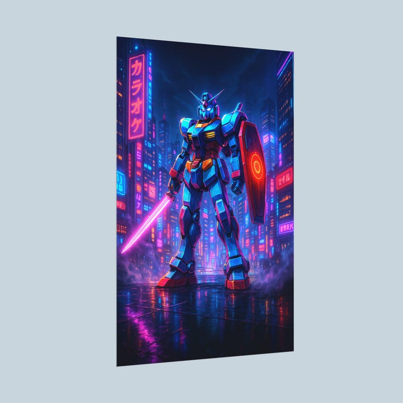 Cyber Mecha Anime Poster | Neon Robot Wall Art | Futuristic Sci-fi City ...