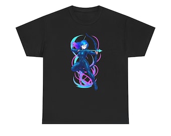 Camiseta de chica de anime de neón arquero, ropa urbana cyberpunk, ropa técnica brillante, regalo para fanáticos del anime y jugadores.