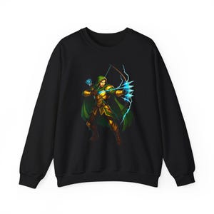 May include: Black sweatshirt featuring a fantasy archer with a bow and arrow. The archer is depicted in green and gold armor, with a green hood and cape. The bow is drawn, with a blue energy effect around the arrow.