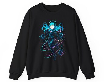 Cyberpunk DJ Girl Sweatshirt Blau Neon Anime Streetwear futuristisches Techwear Geschenk für Gamer und Musikliebhaber