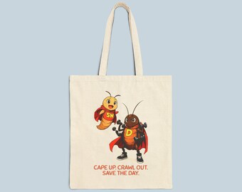 SuperWorm and D-Roach Tote Bag | Funny Eco Hero Reusable Canvas Bag | Cute Cartoon Superhero Insect Gift for Kids and Garden Lovers