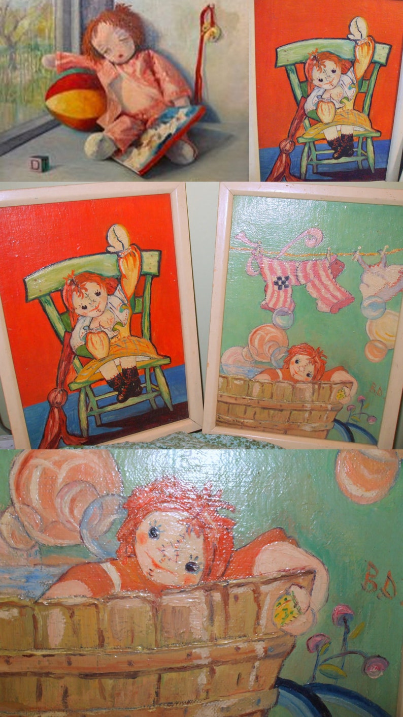 Vintage American Folk Art Beatrice Davis RAG DOLL Original Oil Paintings 10x14 Initials image 4