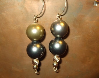 Step Up Shell Nacre 12mm Taupe Black Gray Pearl 14K Long Dangle Earrings