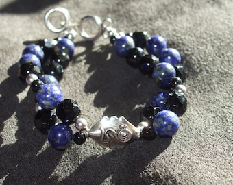 Black & Blue Sterling Vintage Glass Double Strand Bracelet FREE SHIP