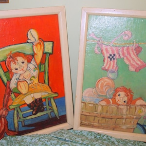 Vintage American Folk Art Beatrice Davis RAG DOLL Original Oil Paintings 10x14 Initials image 1