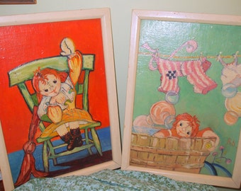 Vintage American Folk Art Beatrice Davis RAG DOLL Original Oil Paintings 10x14 Initials