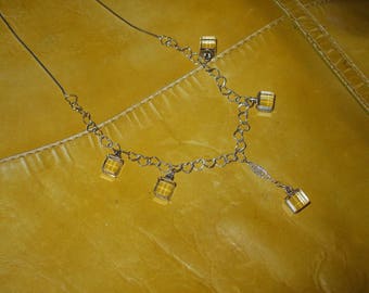 Hearts Antique Buttons Sew / Sterling Heart Crystal Cube Antique Button Necklace 17" FREE SHIP