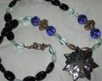 Taxco Ho- Sterling Paua Inlay Blue Topaz Purple Antique Glass Onyx Long Necklace FREE SHIP