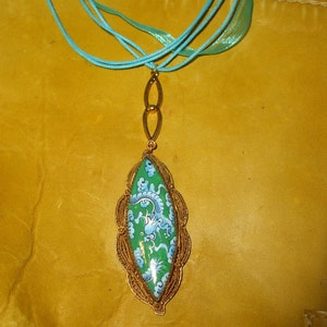 Dragons of the Deep Vintage Ceramic Filigree on Aqua Silk Necklace