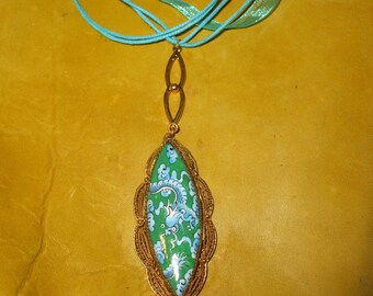 Dragons of the Deep Vintage Ceramic Filigree on Aqua Silk Necklace  FREE SHIP
