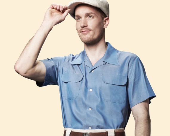 1940s Loop Collar Shirt Short Sleeve Blue 100% Tencel 