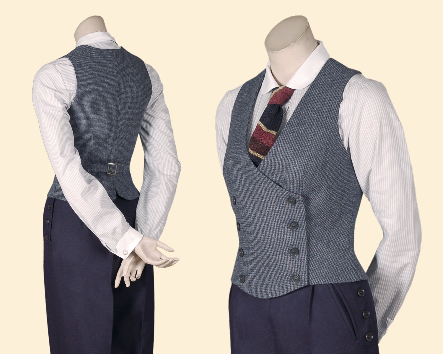 20s 30s Ladies Double Breasted WAISTCOAT Blue/grey Houndstooth 