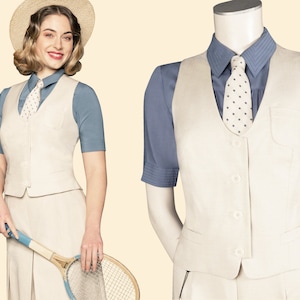 20s 30s 40s ladies linen SHORT WAISTCOAT ecru, sand, beige garconne dandy 1920 1930 1940