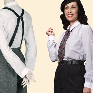 Puede incluir: Dos personas vistiendo camisas blancas abotonadas con patrones a rayas. La persona de la izquierda lleva un par de tirantes negros y pantalones grises. La persona de la derecha lleva una boina negra, una corbata a rayas y pantalones negros con un cintur&oacute;n negro.