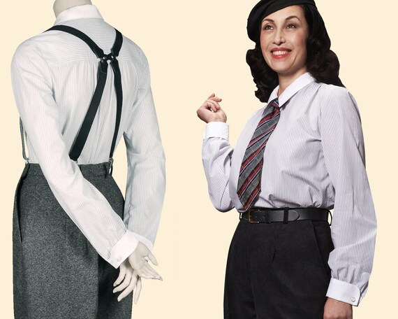 30s 40s blouse Karla grey white striped cotton french cuffs 1930 1940