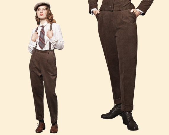 1940s Ladies Corduroy SLACKS Trousers 100% Cotton Brown Garconne