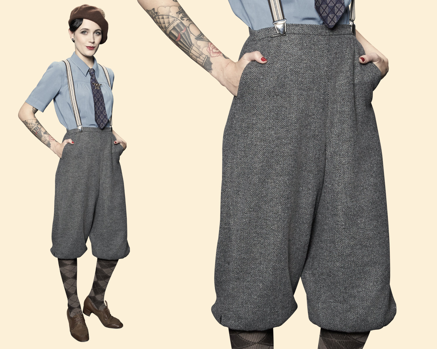 20s 30s 40s ladies KNICKERBOCKERS chevron tweed grey