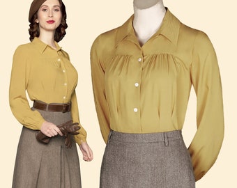 30s 40s blouse GRETA mustard yellow viscose bow tie 1930 1940