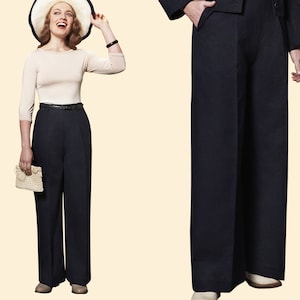 PANTALON MARLENE en lin années 30 40 pour femme bleu marine, bleu foncé garconne 1930 1940