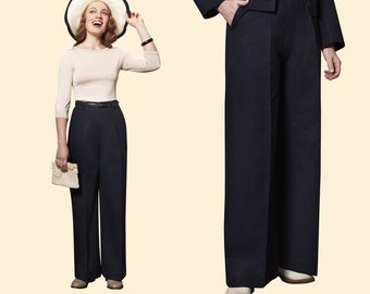 30s 40s ladies linen MARLENE TROUSERS navy blue, dark blue garconne 1930 1940