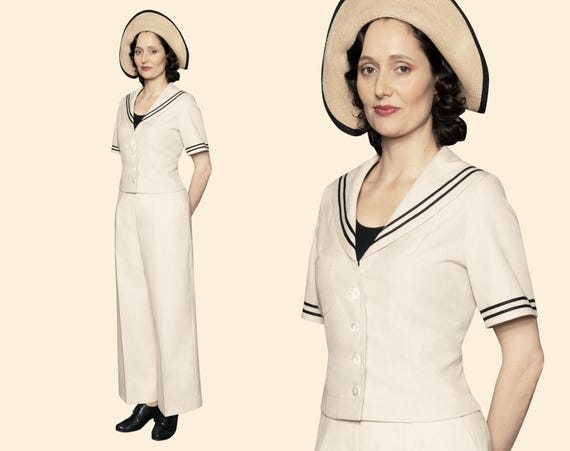 40s 30s 20s Ecru, Sand, Beige Linen Ladies Sailor Top 1940 1930