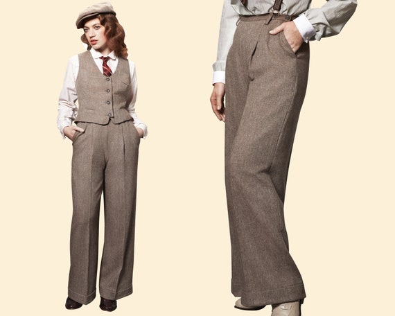 爆買いしたくなる Ladies 40s 30s Woolen 100 Brown Chevron TROUSERS MARLENE パンツ