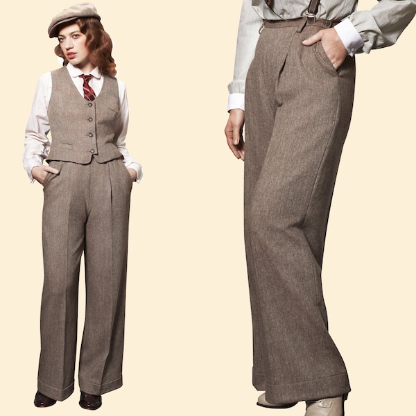30s 40s ladies woolen MARLENE TROUSERS chevron brown 100% merino wool garconne 1930 1940