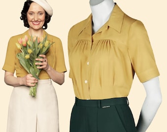 30s 40s blouse GRETA mustard yellow viscose bow tie 1930 1940