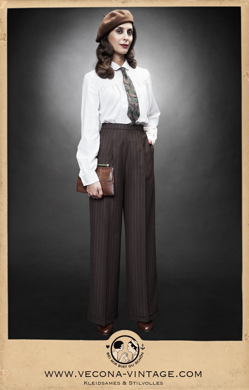 1930s Outfit Inspiration – Women’s Clothing Ideas 30s 40s brown chalk stripe MARLENE TROUSERS wool cashmere garconne 1930 1940  AT vintagedancer.com