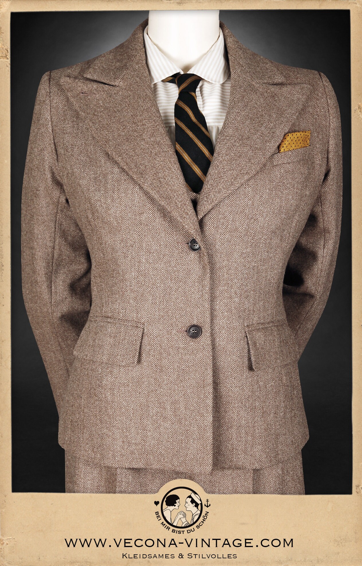 40s 30s 20s Brown Herringbone Tweed Ladies Jacket 100% Merino Wool