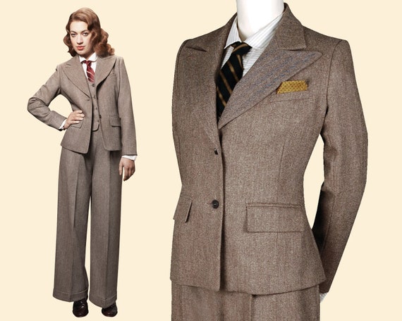 40s 30s 20s Brown Herringbone Tweed Ladies Jacket 100% Merino Wool