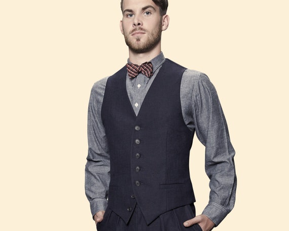 30s 40s WAISTCOAT Navy Blue Cotton Linen Blend Swing Vest Lindy