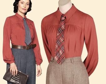 30s 40s blouse GRETA rust red viscose bow tie 1930 1940