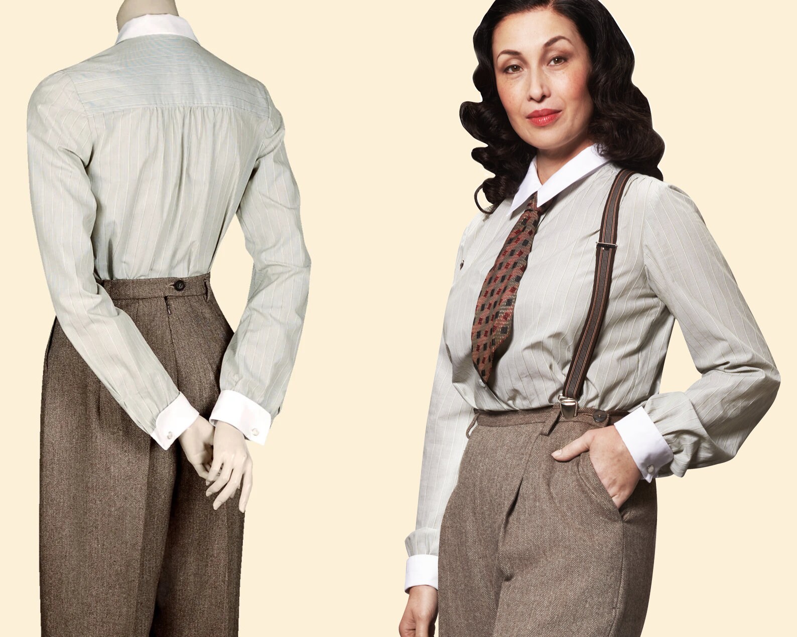30s 40s blouse Karla groen wit gestreepte katoenen franse manchetten 1930 1940 Kleding Dameskleding Tops & T-shirts Blouses 