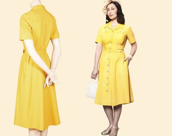 30s 40s cotton shirt dress yellow swing lindy hop 1930 1940