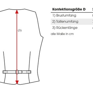 K&ouml;nnte beinhalten: Eine technische Zeichnung einer Weste mit Ma&szlig;en in Zentimetern. Das Diagramm zeigt Brust-, Taillen- und R&uuml;ckenl&auml;ngenma&szlig;e f&uuml;r die Gr&ouml;&szlig;en 36 bis 46. Die Weste hat ein doppelreihiges Design mit Kn&ouml;pfen und einem Revers.