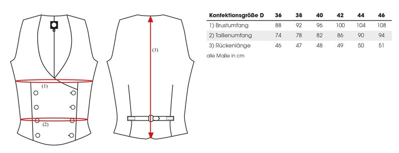 K&ouml;nnte beinhalten: Eine technische Zeichnung einer Weste mit Ma&szlig;en in Zentimetern. Das Diagramm zeigt Brust-, Taillen- und R&uuml;ckenl&auml;ngenma&szlig;e f&uuml;r die Gr&ouml;&szlig;en 36 bis 46. Die Weste hat ein doppelreihiges Design mit Kn&ouml;pfen und einem Revers.
