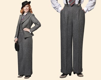 30er 40er Jahre Damen Wollstoff MARLENE HOSE tweed grau 100 % Schurwolle Garconne 1930 1940