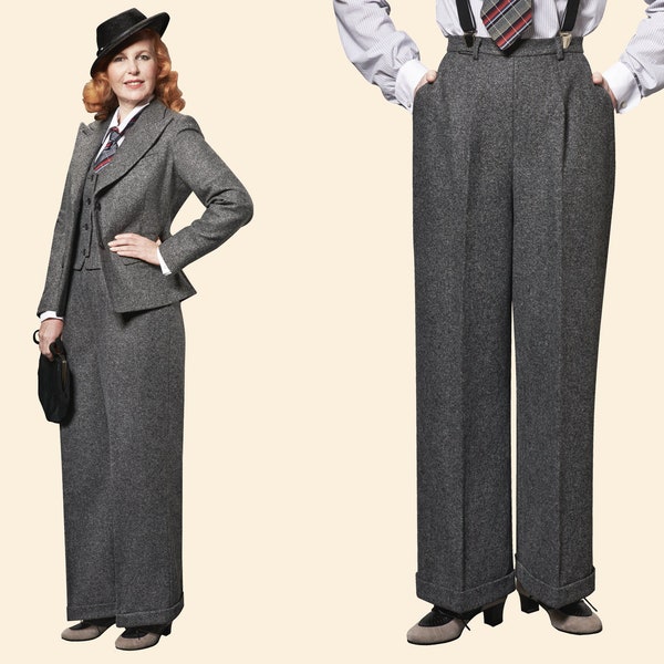 30er 40er Jahre Damen Wollstoff MARLENE HOSE tweed grau 100 % Schurwolle Garconne 1930 1940