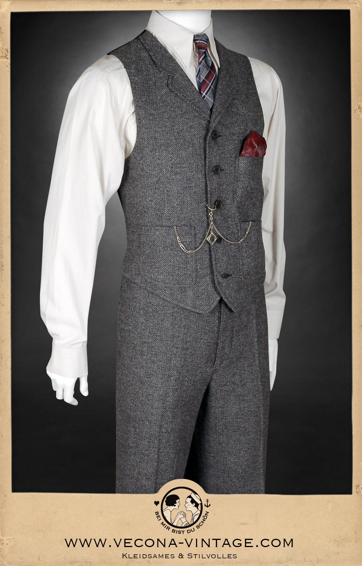 20s 30s Chevron Tweed WAISTCOAT Lapels Grey Wool Blend Swing Vest 