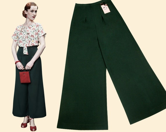30s Bottle Green PAJAMA PANTS Gabardine Slacks 1930 Wide Leg High 