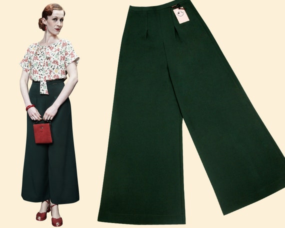 30s Bottle Green PAJAMA PANTS Gabardine Slacks 1930 Wide Leg High